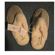 Just Be Women's Herringbone Faux Fur Slip-On Slippers Fur Trim 5/6 Beige Gray
