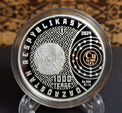Rame Cu 2024 Kazakistan 1000 tenge 1 oz argento + moneta a prova di rame RARA - Foto 2 di 4