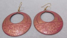 Large 1-7/8 Mottled Light Orange Pink Gold Textured Enamel Dangle Hoop Earrings