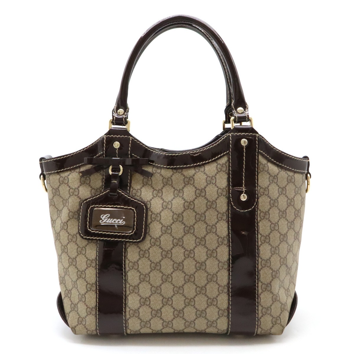 GUCCI GG Supreme Ribbon Tote Bag Shoulder Bag PVC Patent Leather Khaki Beige Dar