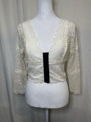 BEBE Cream Lace Long Sleeve Crop Top   V-Neck Bustier Style   Size S/P