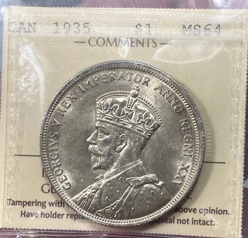 1935 Canada Silver Dollar, King George V, ICCS Certified MS-64 with Dbl XXV Note