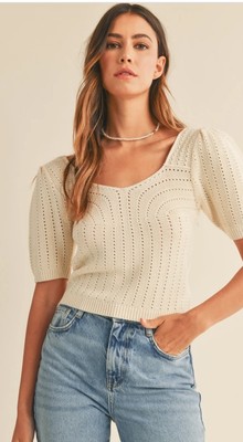 Mable Sweater Hattie Puff Sleeve Knit Top Crop Cream Pointelle Short Sleeve Sz M