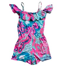 Lilly Pulitzer Klea Off The Shoulder Romper Coral Reef Pink Blue 25480 Size M
