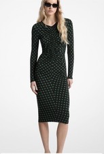 Michael Kors Polka Dot Stretch Matte Jersey Midi Dress Black Moss Women's M NWT