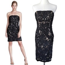 SUE WONG Black Nude Strapless Dress Size 8 Soutache Beaded Mesh Cocktail Sheath