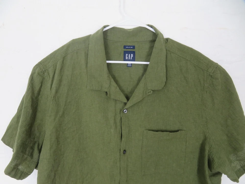 Gap Shirt Mens 3XL Green Linen Blend Short Sleeve Button Pocket Camp Collar - Image 2 of 4