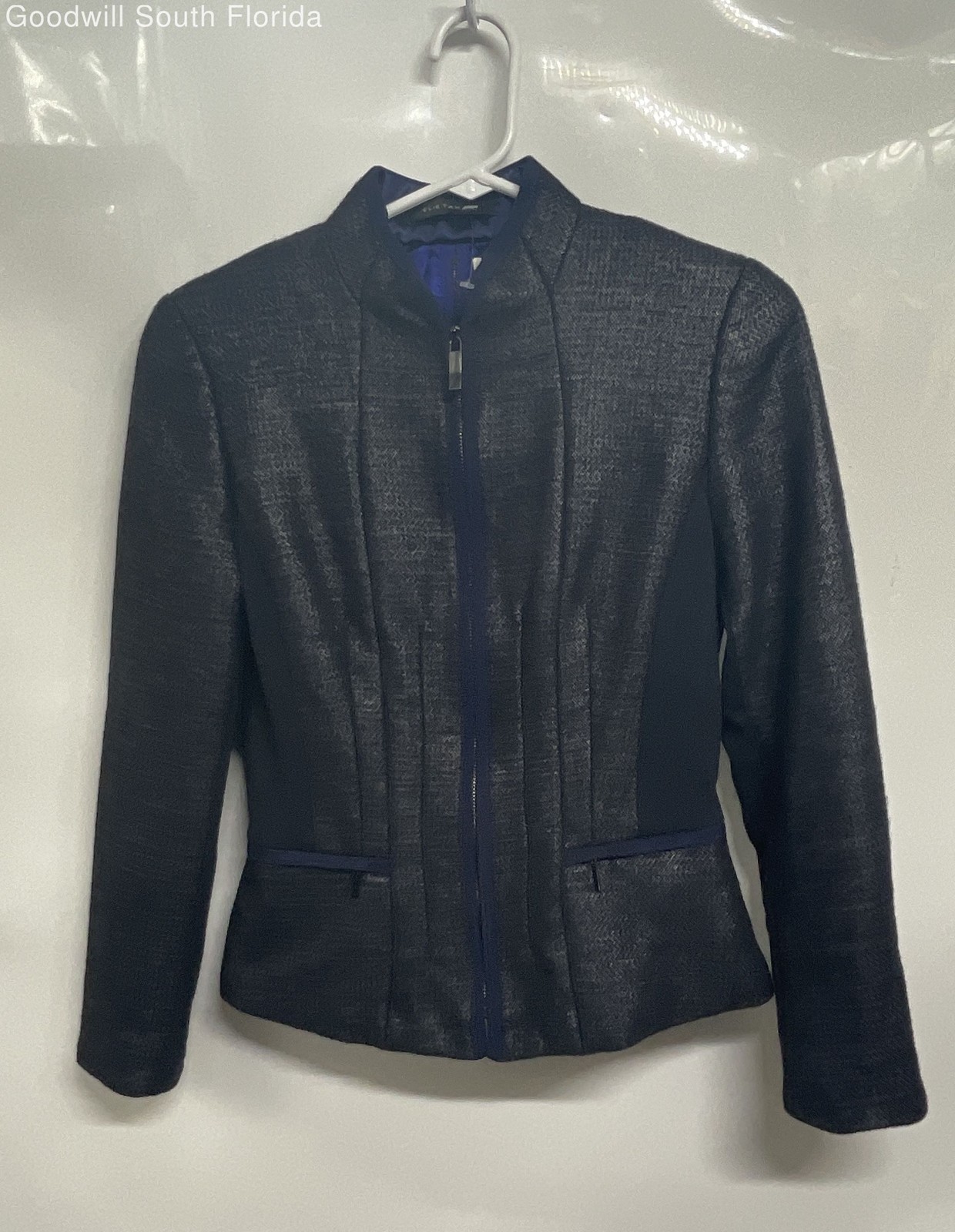 Elie Tahari Womens Blue Long Sleeve Pockets Casual Full-Zip Jacket Size 2
