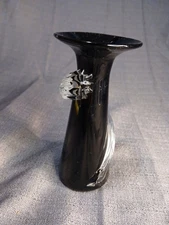 Vintage Blenko Art Deco Style Bud Vase Black Purple Hand Blown Glass Swirl 