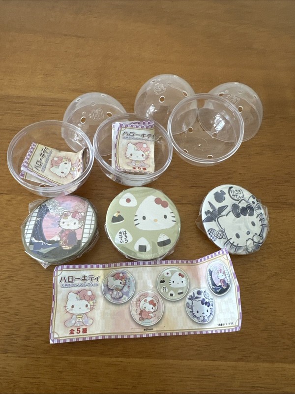 Hello Kitty Gachapon Pin Badge Button, Unopened Collectible, Rare Set Of 3 Japan