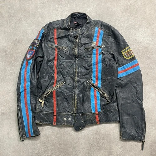 Diesel Hoje Leather Jacket Mens Large Vintage Cafe Racing Striped Bomber, Black