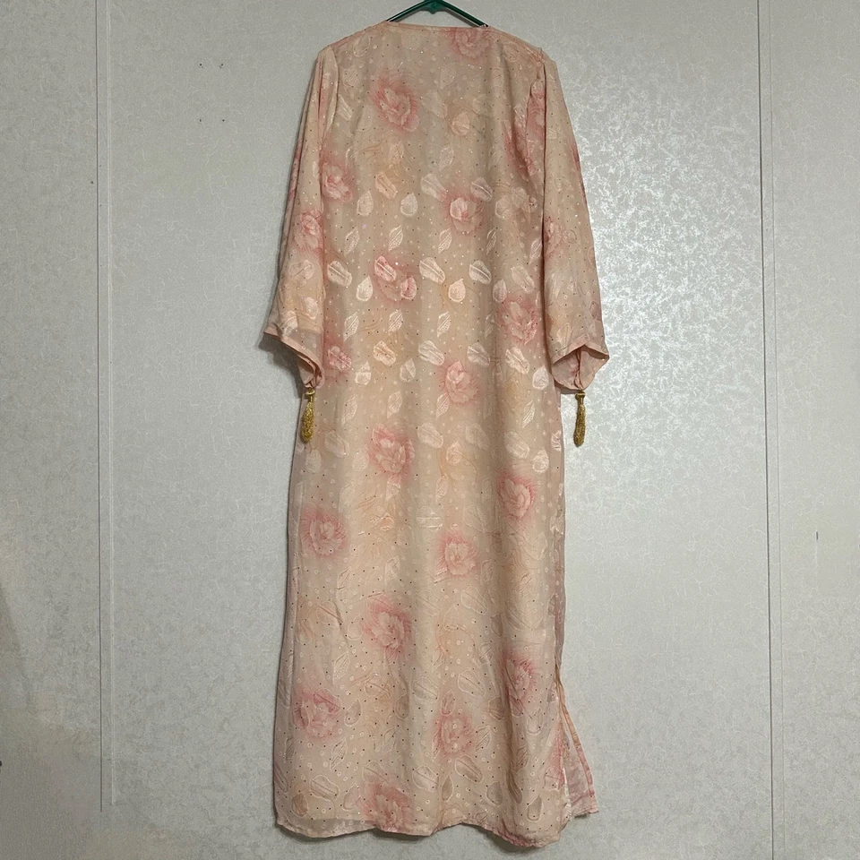 Embroidered Floral Kaftan Dress Pink Gold Tassels Beaded Sequin Maxi Bohemian M - Image 2 of 4