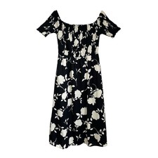 Soft Surroundings Womens Floral Smocked Off Shoulder Dress Sz XL Black Ivory