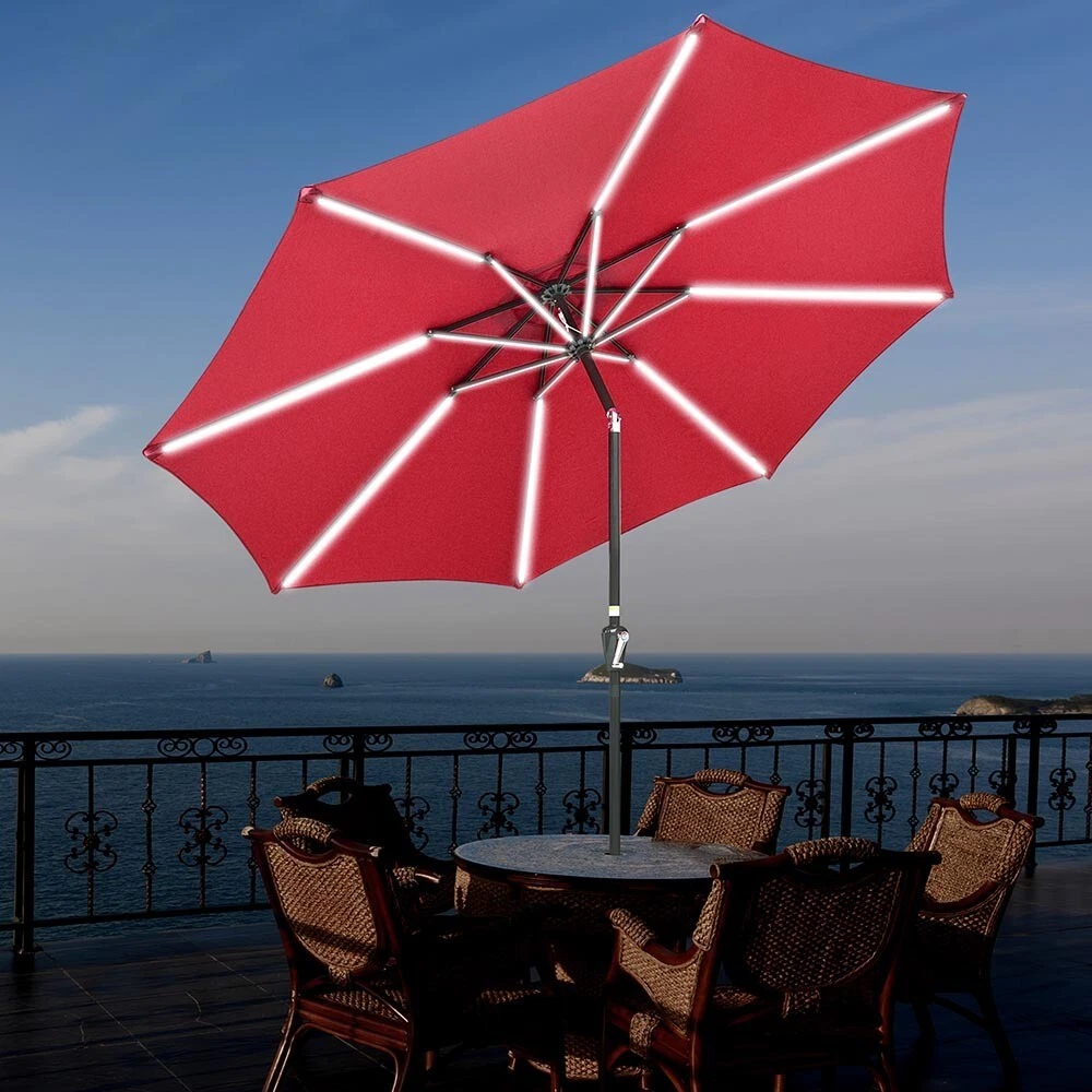 Solar Powered Patio Umbrella with Tilt Crank Aluminum Outdoor Garden Deck  10 Ft | eBay