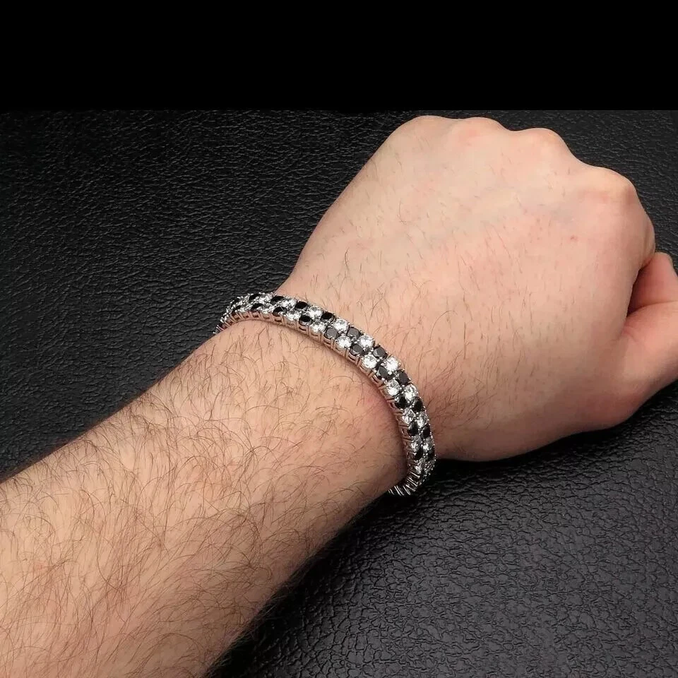 Brazalete de tenis de espinela negra de corte redondo de 14 quilates creado en laboratorio para hombre en plata 925 Foto 2 de 4