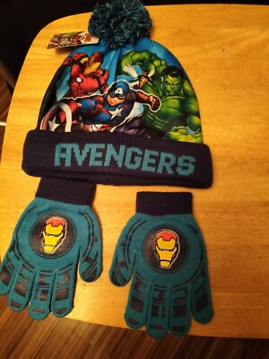 BOYS MARVEL AVENGERS HAT AND GLOVES SET NEW UK