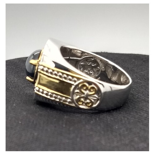 Sterling Silver, Star Sapphire & White Zircon Mens Ring - Michael Valitutti - Picture 3 of 7