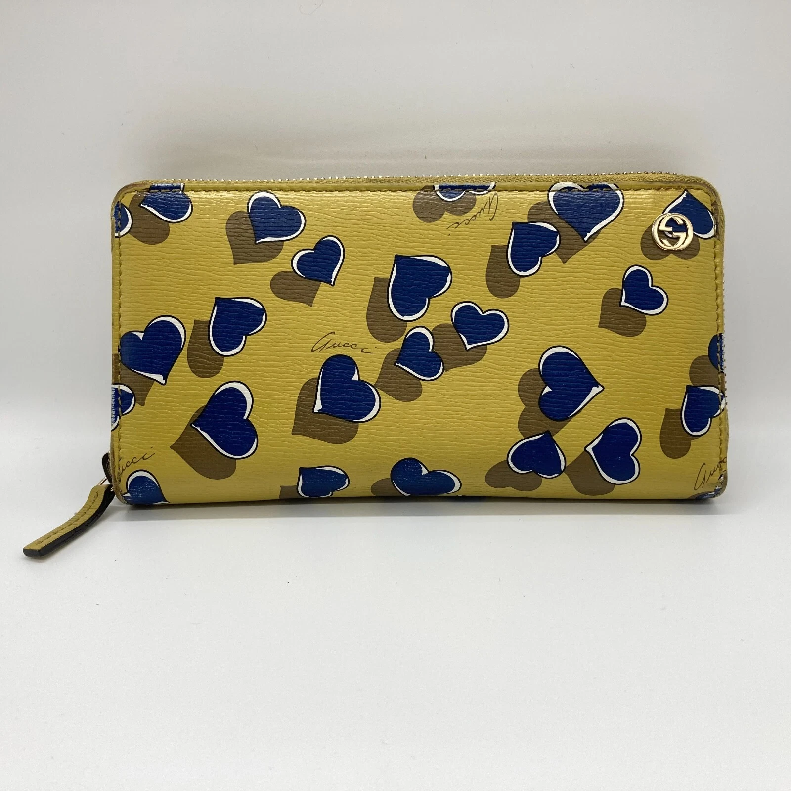 GUCCI Portefeuille Cuir Heart Beat Entrelacé Jaune Sac à Main Authentique
