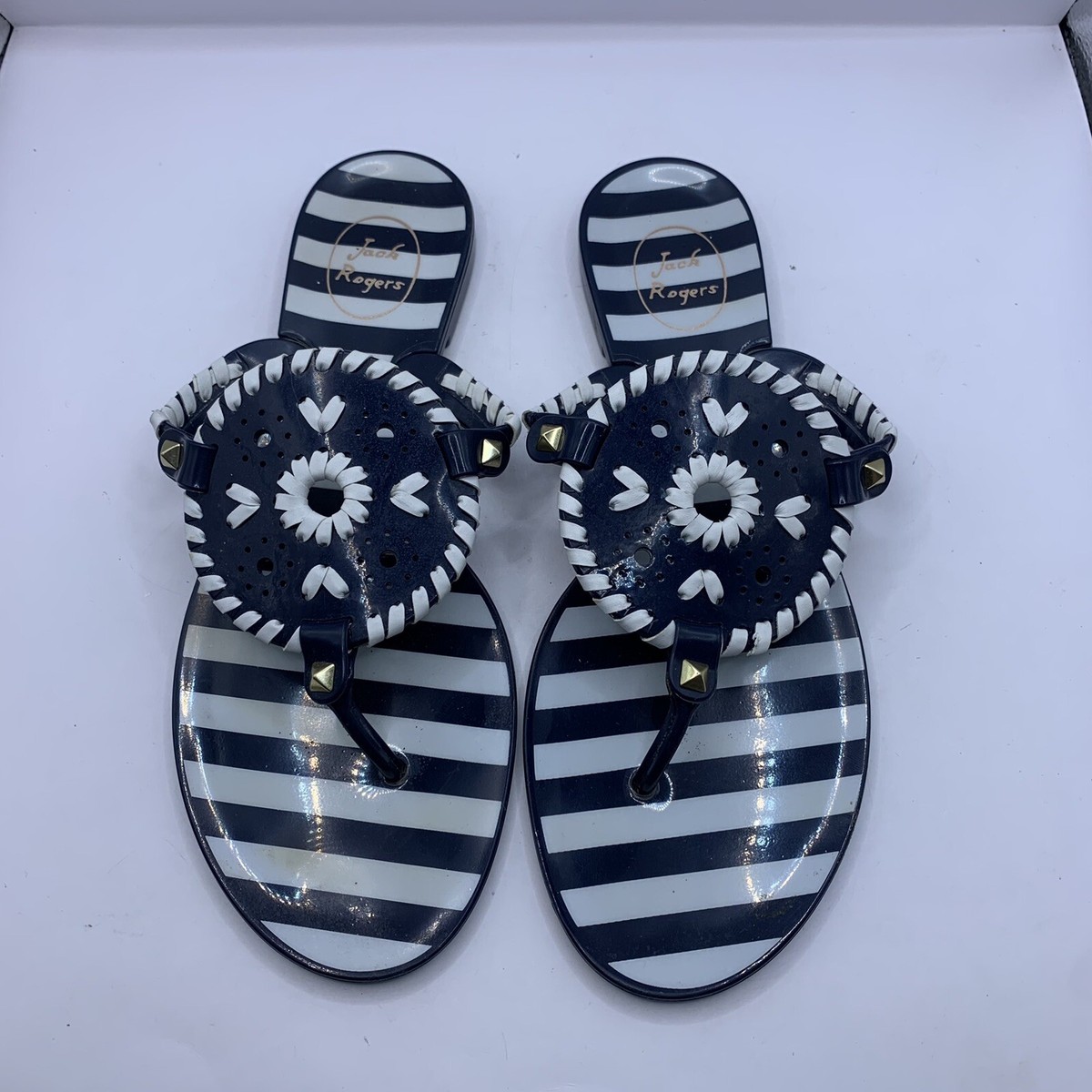 JACK ROGERS Striped Georgica Navy White Jelly Flats Sandals Size