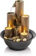 Indoor Tabletop Tiered Water Fountain Featuring 3 Candles for Desktop and Table