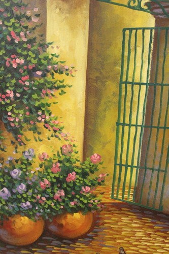 Vintage Framed Artwork Artist Signed Spanish Style Villa Entrance W/Gardens - Picture 5 of 11