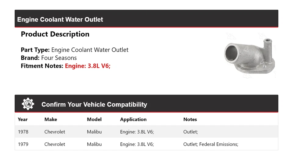 Para Chevrolet Malibu 1978-1979 3,8 L motor V6 salida de agua refrigerante 4 estaciones Foto 2 de 4