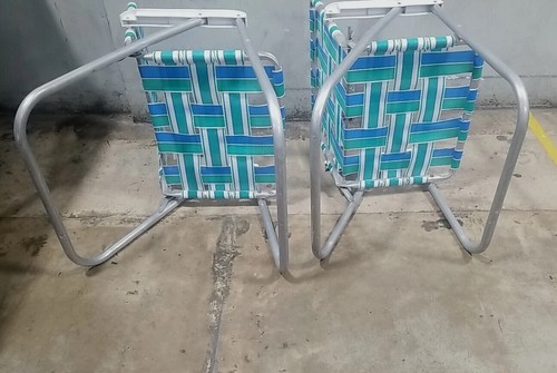 2 Vintage Sunbeam Aluminum Folding Chair Beach Lawn Patio Webbed Teal/White/Navy - Picture 5 of 7