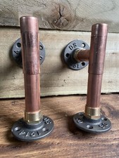 Pair of Industrial Copper Pipe Shelf Brackets & Hooks Long - 22mm Thick