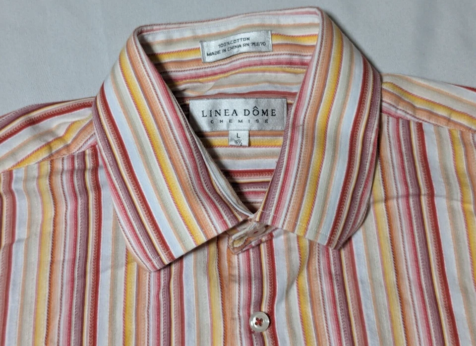 LINEA DOME CHEMISE 男式大号 (16.5) 红色橙色条纹棉质纽扣衬衫 — 第 4/4 张图片