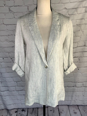 NEW Christian Siriano Jacket White Striped 100% Linen Roll Tab One Button Small
