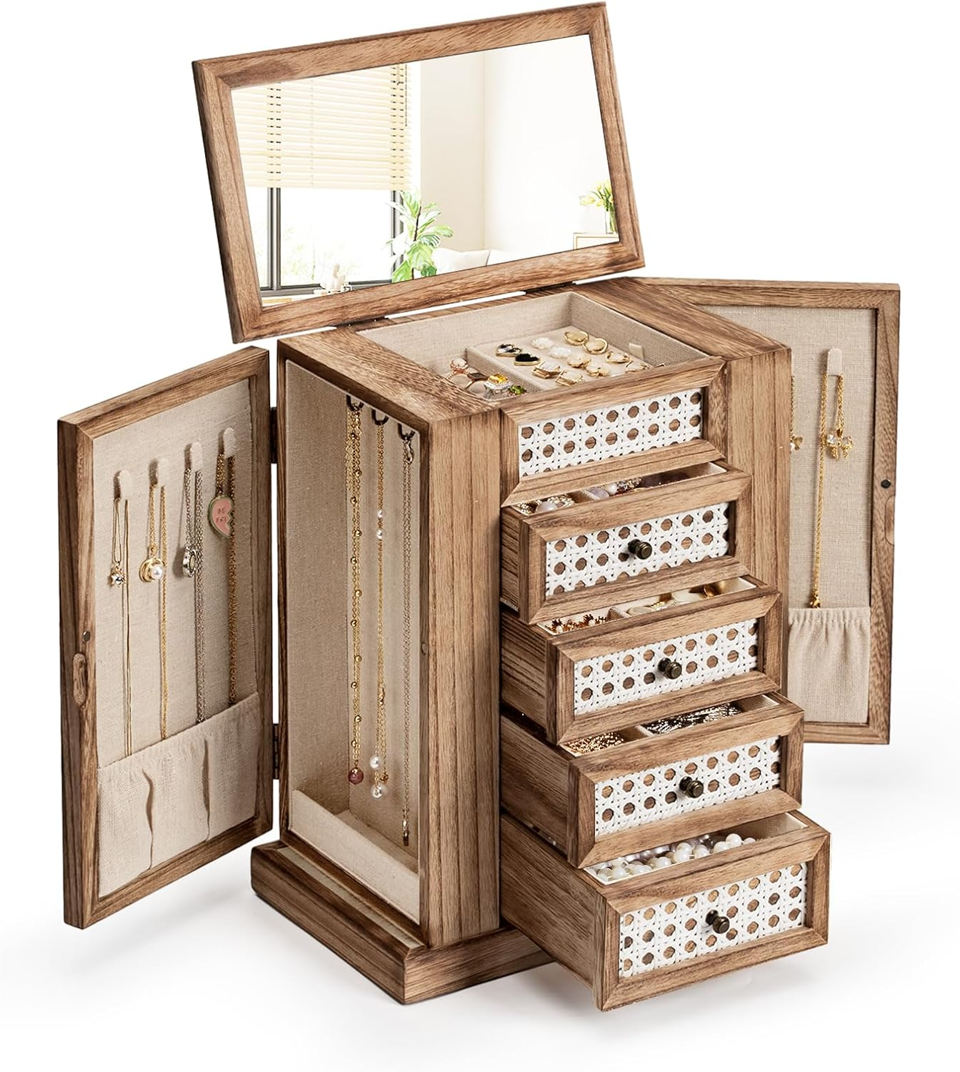 5-Layer Large Wooden Jewelry Organizer Box for Women’s Necklaces and Accessories-image