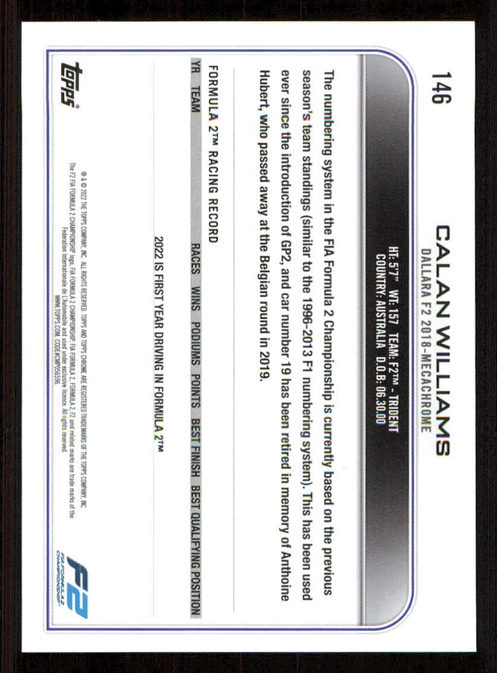 2022 Topps Chrome Formula 1 Purple Refractors #146 Calan Williams CAR - Image 2 of 2