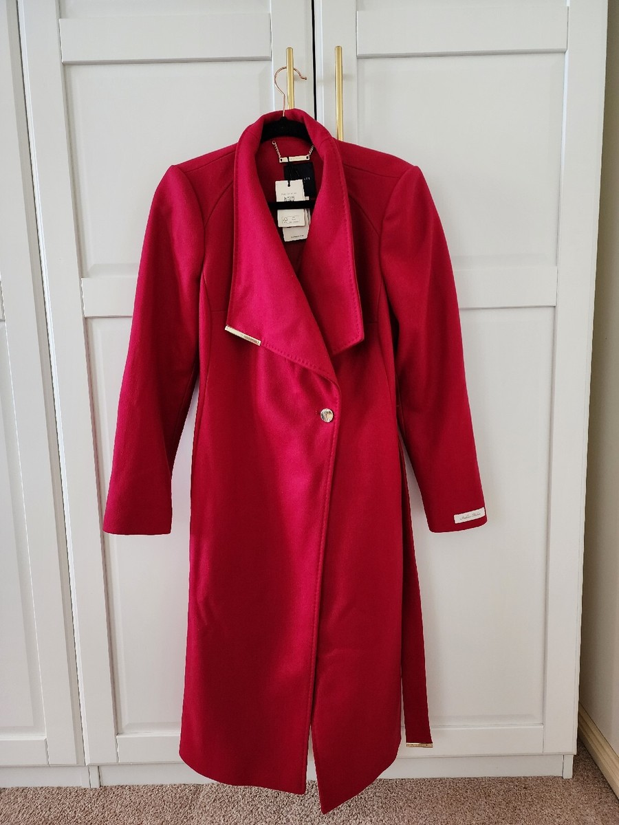TED BAKER Rose Wool blend midi length wrap coat deep pink size 3