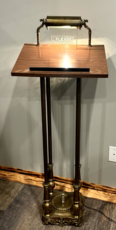 Antique Art Deco Funeral Register Podium Stand Wood & Brass W/ Light 51"