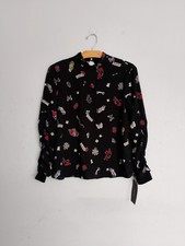 Zara Bluse Gothic Rave Print schwarz Nieten Gr. XS Langarm NEU gerafft