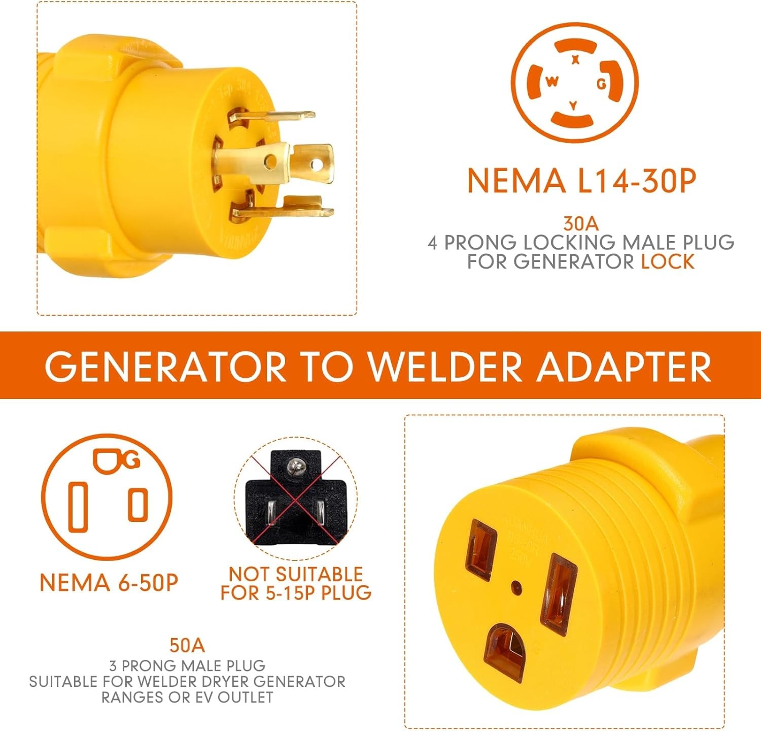 Kanayu Generator to Welder Adapter Compatible with NEMA L14-30P to 6-50R 30 Amp 