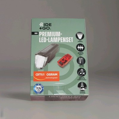 RIDE+GO Akku Fahrradlicht Set 100 Lux Osram LED StVZO USB LED Fahrradbeleuchtung