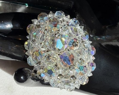 Vintage Aurora Borealis Crystal Cluster Brooch Rhinestone Dome Pin 1950s Oval
