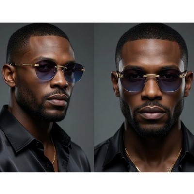 Mens Rimless Gold Round Sunglasses Blue Gradient Lens Metal Frame Hip Hop Trendy