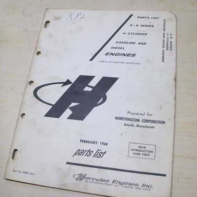 HERCULES G-D SERIES 4 CYLINDER GAS DIESEL ENGINE Parts Catalog Manual Book 1968