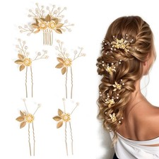 5 PCS Gold Wedding Hair Pins, Leaf, Floral, Pearl, Rhinestones, Bridal Set