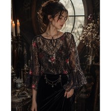 Women's Mesh Floral Bell Sleeve Sheer Top Size M Whimsigoth Y2K Witchy Festival