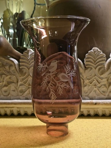 Vintage Fenton Honey Amber Glass Hurricane Lamp/Candle Shade Etched Birds 1980s