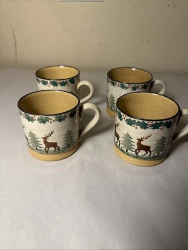 Nicholas Mosse Pottery-SET OF 4-Holiday Reindeer Small Pottery Mugs 2.75"