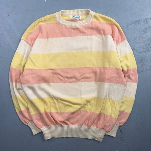 Benetton, Benetton Sweater Cotton Striped Pullover Pink Yellow Cream Made In Italy VTG 80s