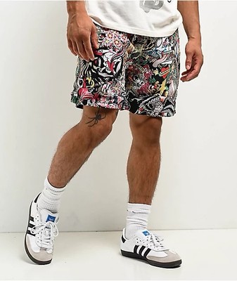 ED HARDY Tattoo Collage Skull Panther Snake Woven Shorts Men s Sz S *NEW* $60