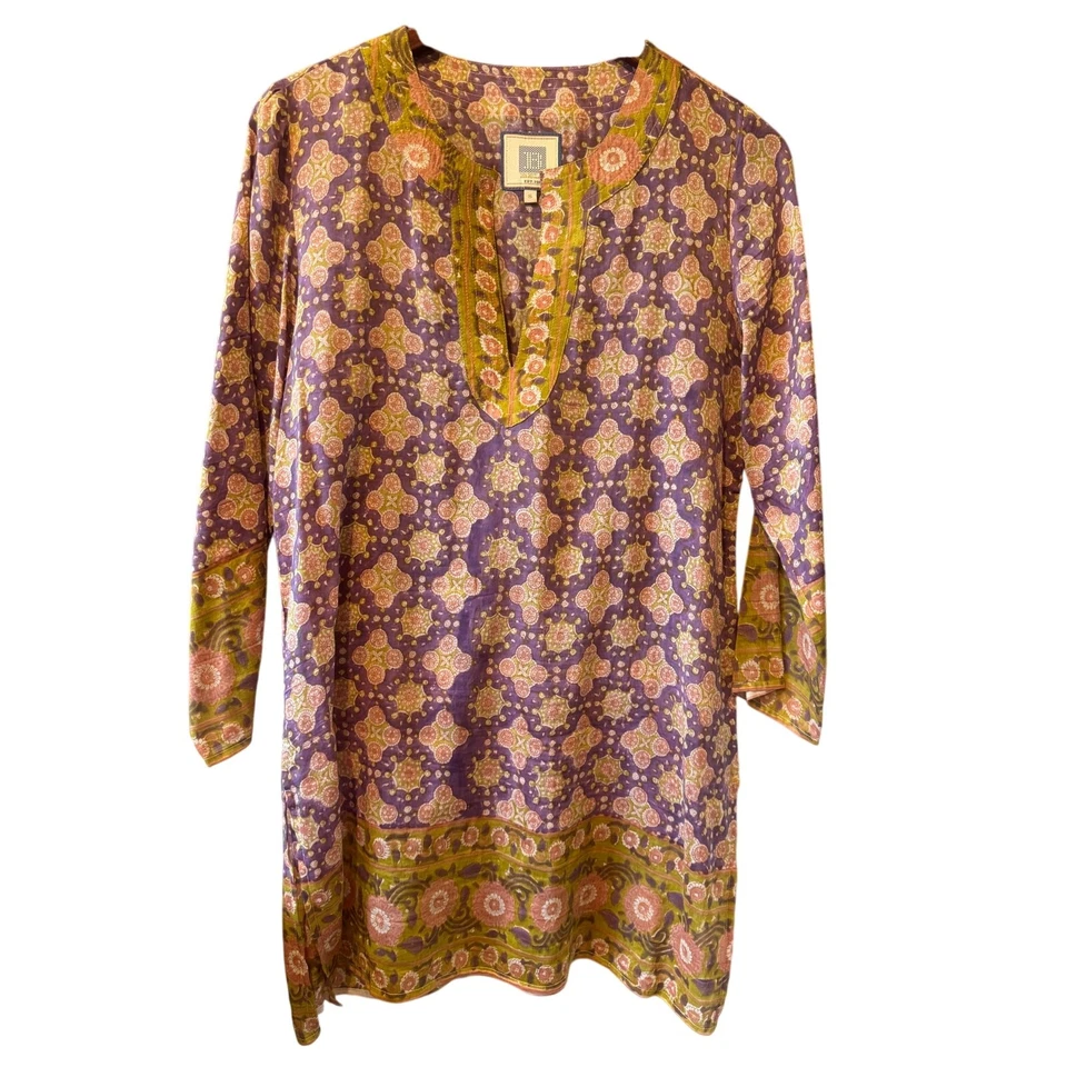 Alicia Bell | Top túnica para dormir con estampado de bloques de mano púrpura seda-algodón | Talla pequeña Foto 2 de 4