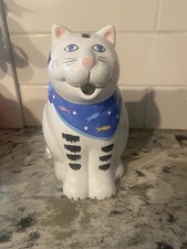 Vintage  1990 Coco Dowley  CAT. Ceramic Pitcher. Blk/wht Blue Scarf