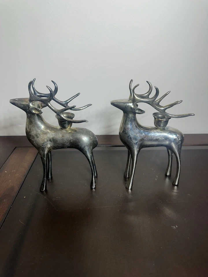 Brass 8 Point Reindeer Candelabra Candle Holders Silver Plated Brass 7.75" - Image 3 of 4