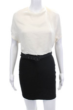 Alice + Olivia Womens Short Sleeve Scoop Neck Belted Silk Dress White Black 10